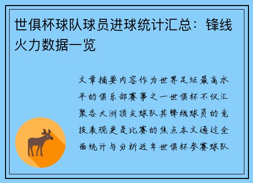 世俱杯球队球员进球统计汇总：锋线火力数据一览